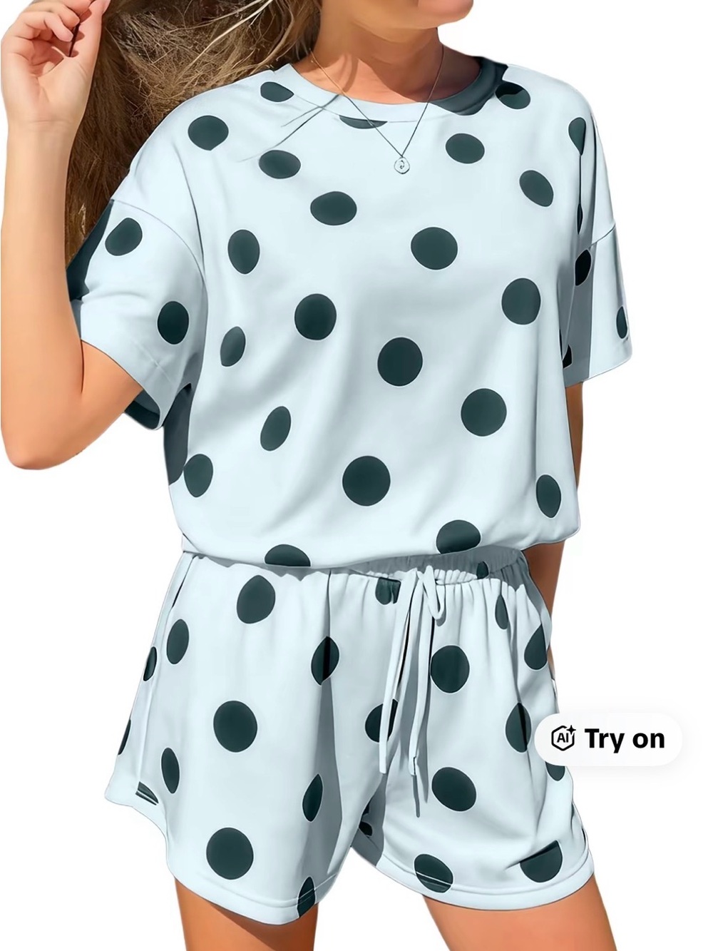 Polka Dot Drawstring Women’s Shorts - Light Blue with Dark Green Dots